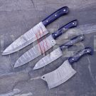 SET OF FOUR DAMASCUS STEEL CUSTOM HANDMADE KITCHEN CHEF KNIVES 10",13",13.5" AND CLEAVER 10"