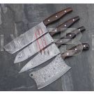 Set of FOUR Damascus Steel Custom Handmade Kitchen Chef Knives.